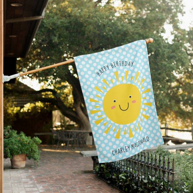 Cute Sunshine Face Blue Birthday Party House Flag (In SItu)