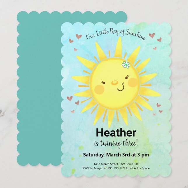 Cute Sunshine Girl Birthday Party Invitation (Front/Back)