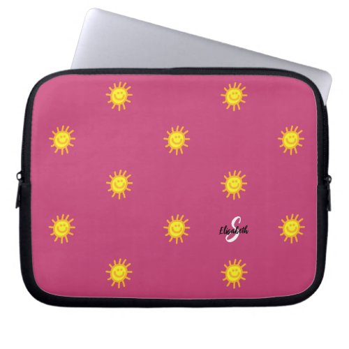 Cute Sunshine Happy Face Sun Pattern Name Initial Laptop Sleeve