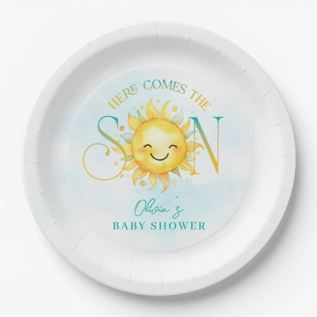 Cute Sunshine Here Comes the Son Baby Shower Paper Plates (Front)