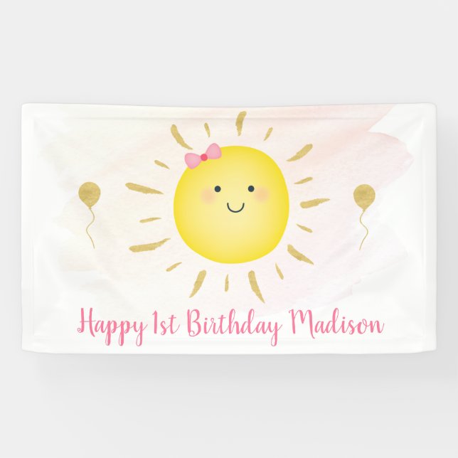 Cute Sunshine Pink & Gold Birthday Banner (Horizontal)