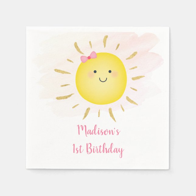Cute Sunshine Pink & Gold Birthday Napkins (Front)