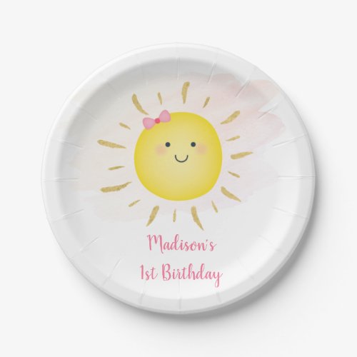 Cute Sunshine Pink  Gold Birthday Paper Plates