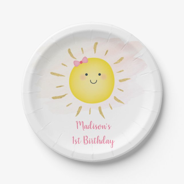 Cute Sunshine Pink & Gold Birthday Paper Plates (Front)