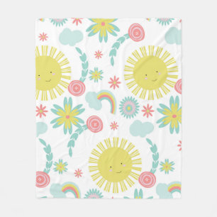 Cute Sunshine Rainbow Floral Summer Fleece Blanket