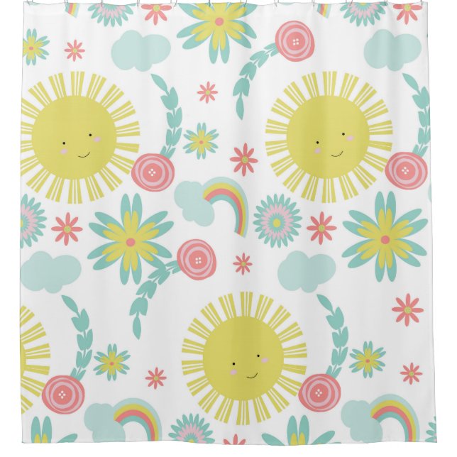 Cute Sunshine Rainbow Floral Summer  Shower Curtain (Front)