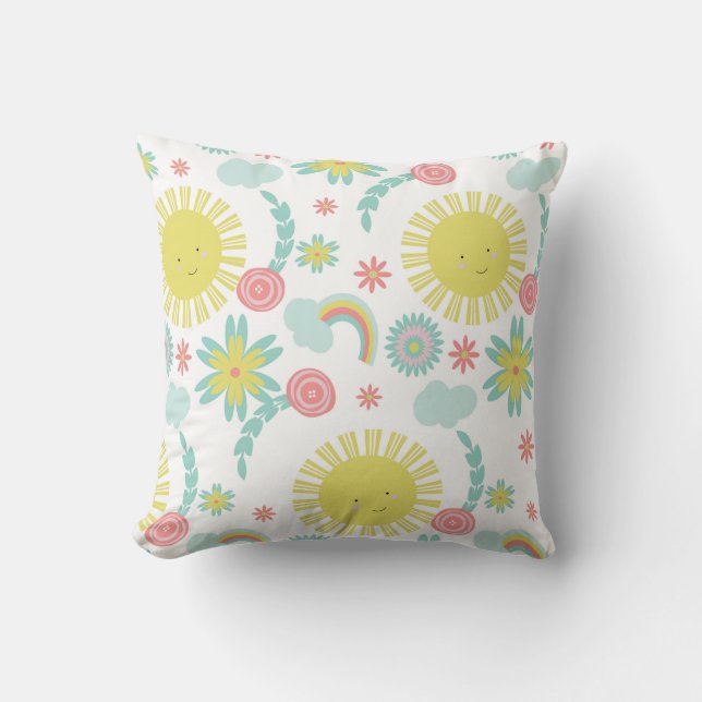 Cute Sunshine Rainbow Floral Throw Pillow (Front)