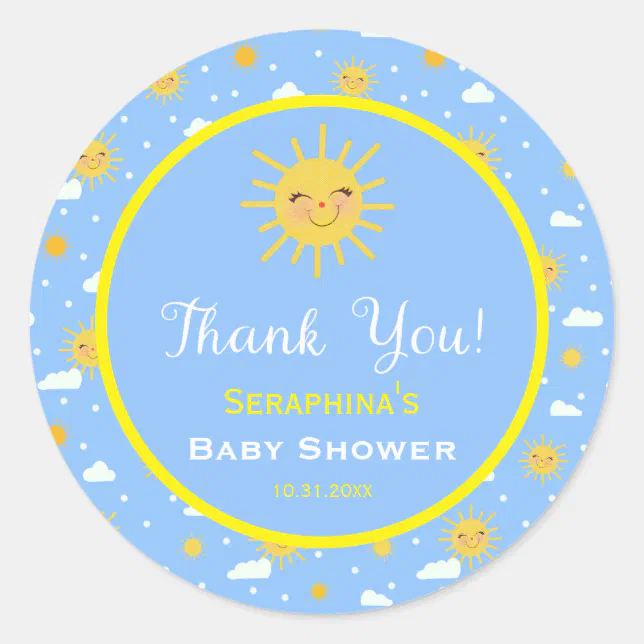 Cute Sunshine Sky Baby Shower Thank You Classic Round Sticker | Zazzle