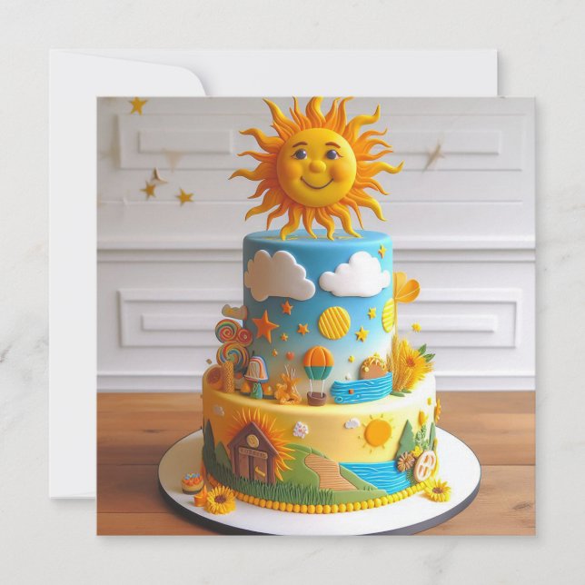 CUTE SUNSHINE THEMED DECORATED BIRTHDAY CAKE CARD (Front)