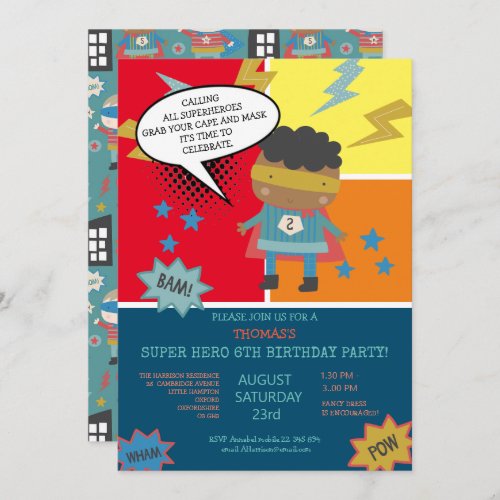 Cute super hero Comic book themed Childrens  Invitation