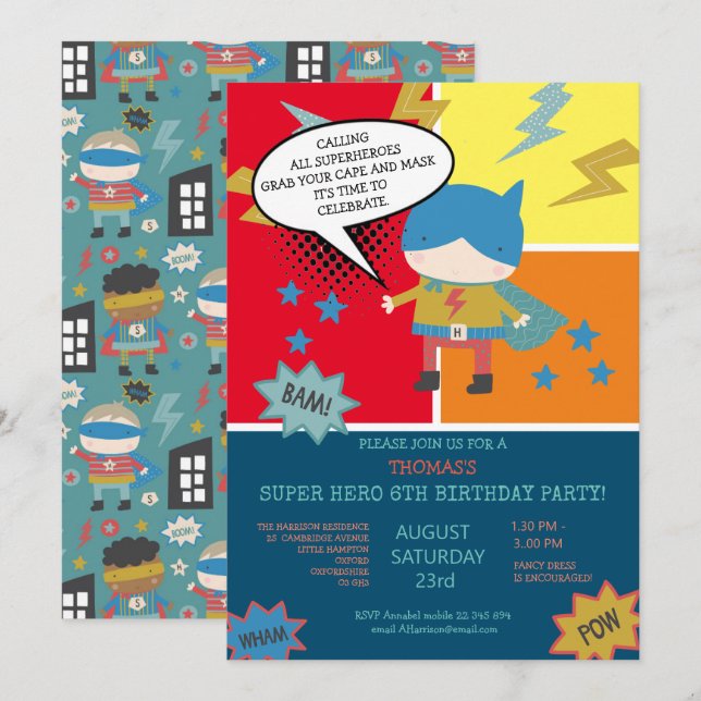 Cute super hero Comic book themed Children's Invitation (Front/Back)