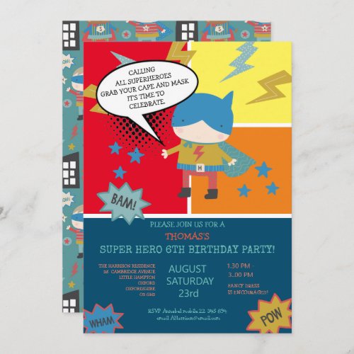 Cute super hero Comic book themed Childrens Invitation