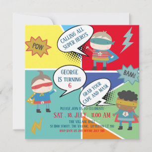 Cute Super hero comic strip Kids Invitation