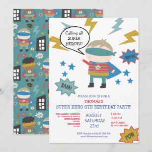 Cute super hero themed Children's Party Invitation