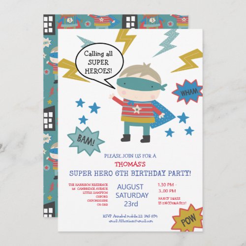 Cute super hero themed Childrens Party Invitation