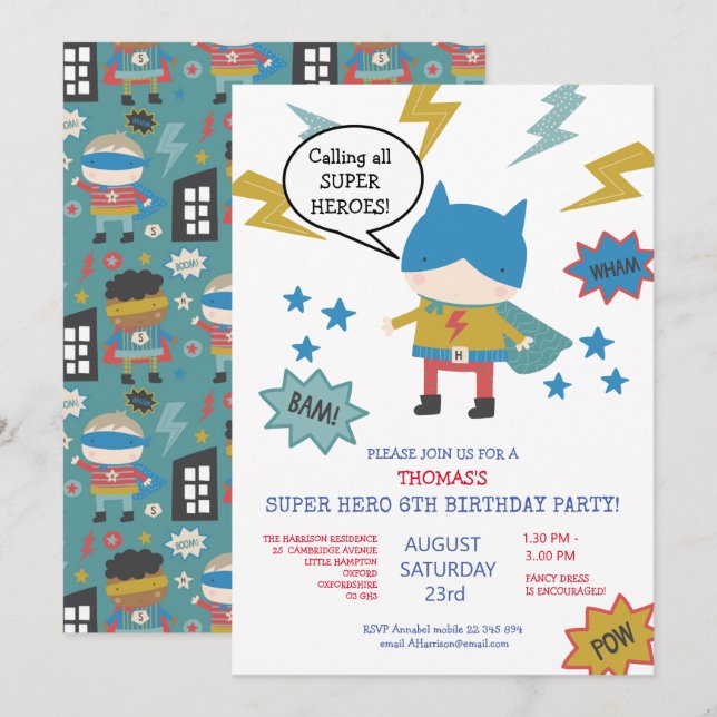 Cute super hero themed Children's Party Invitation (Front/Back)