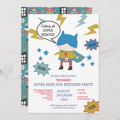 Cute super hero themed Childrens Party Invitation