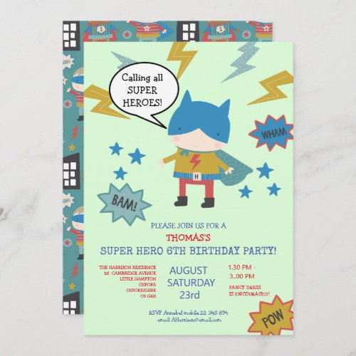 Cute super hero themed Childrens Party Invitation