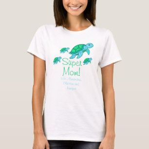 Cute "Super Mom" Tea Blue Sea Turtles Mother's T-Shirt