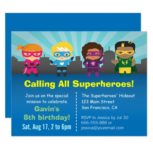 Cute Superhero Birthday Party Kids Invitations