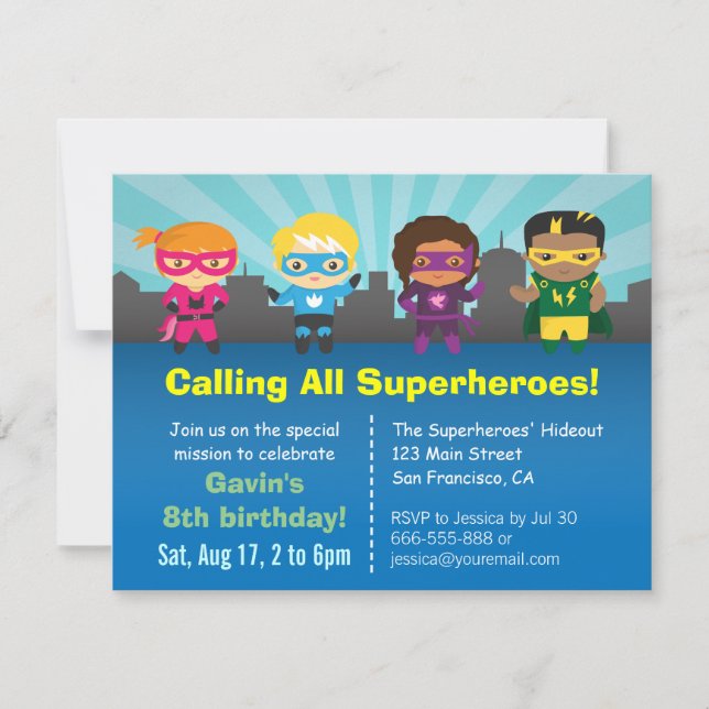 Cute Superhero Birthday Party Kids Invitations (Front)