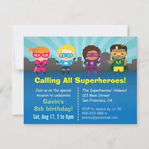 Cute Superhero Birthday Party Kids Invitations