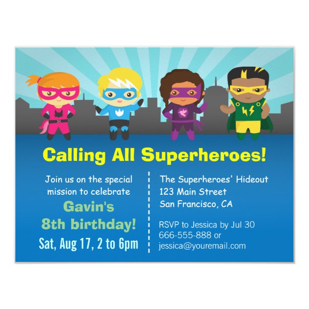 Cute Superhero Birthday Party Kids Invitations