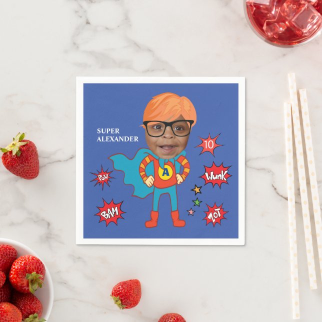 Cute Superhero 💥 Colorful Birthday Photo Napkins (Insitu)