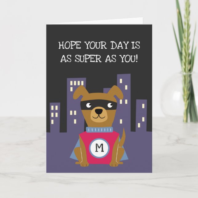 Cute Superhero Dog with Monogram Boys Birthday Card (Front)