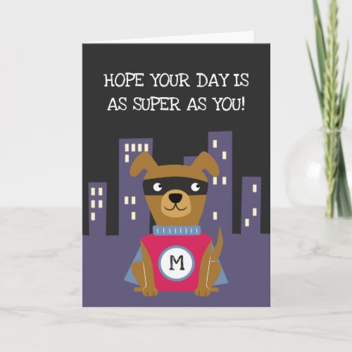 Cute Superhero Dog with Monogram Boys Birthday Card