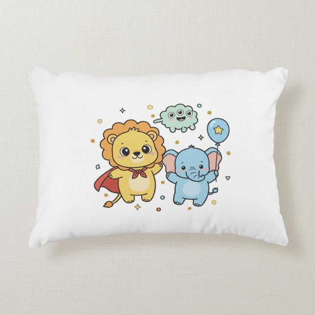 Cute Superhero Lion and Elephant Friends Cartoon Accent Pillow (Front)