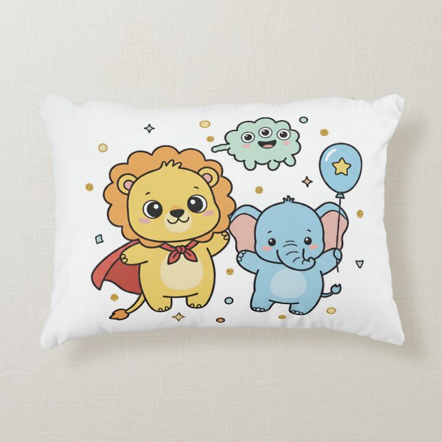 Cute Superhero Lion and Elephant Friends Cartoon Accent Pillow (Front)