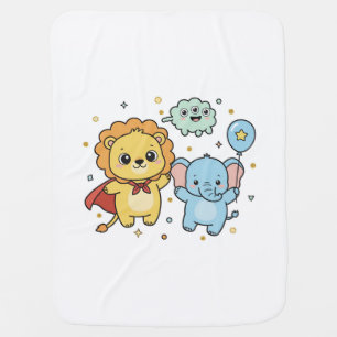 Cute Superhero Lion and Elephant Friends Cartoon Baby Blanket