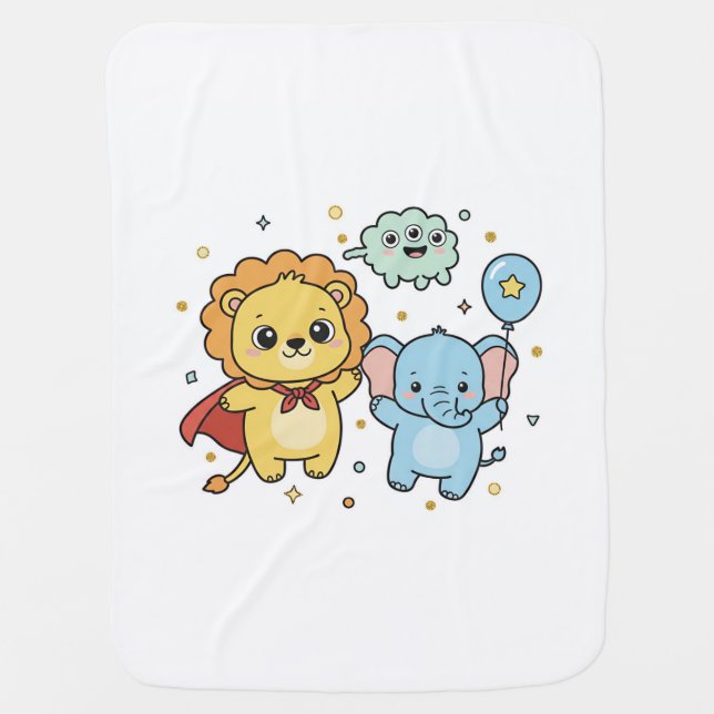 Cute Superhero Lion and Elephant Friends Cartoon Baby Blanket (Front)