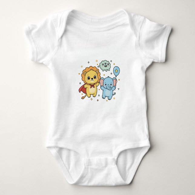 Cute Superhero Lion and Elephant Friends Cartoon Baby Bodysuit (Front)