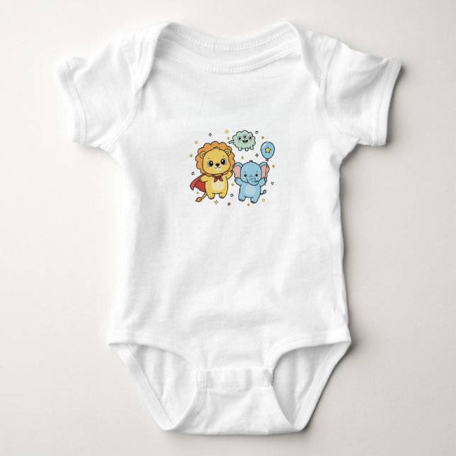 Cute Superhero Lion and Elephant Friends Cartoon Baby Bodysuit (Front)