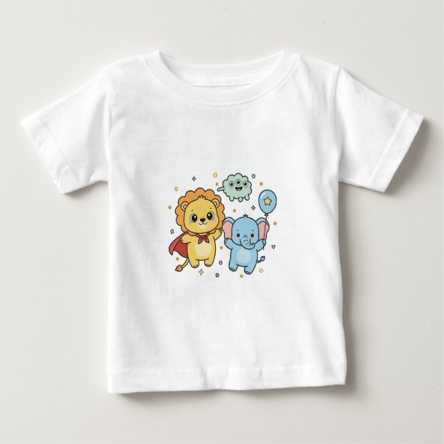 Cute Superhero Lion and Elephant Friends Cartoon Baby T-Shirt (Front)