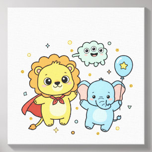 Cute Superhero Lion and Elephant Friends Cartoon Canvas Photo Tile
