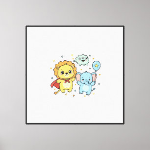 Cute Superhero Lion and Elephant Friends Cartoon Canvas Print