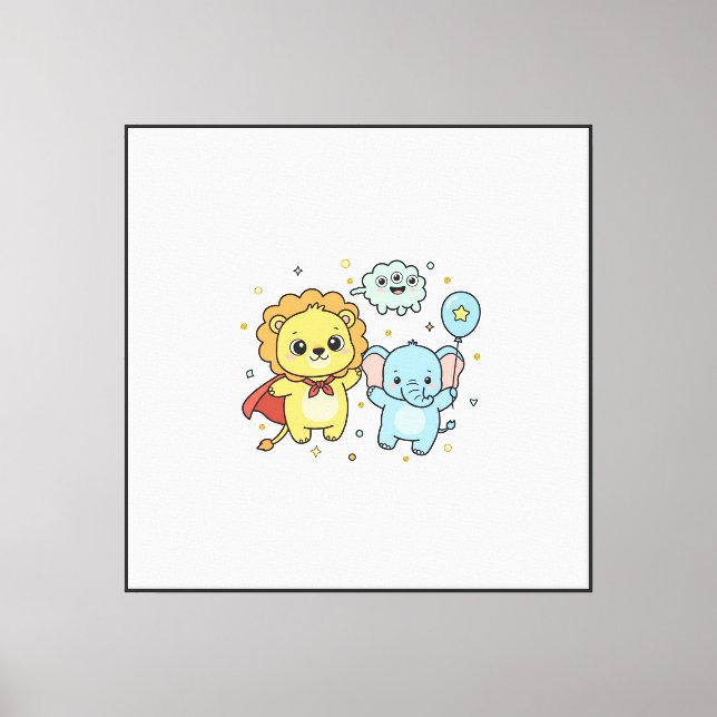 Cute Superhero Lion and Elephant Friends Cartoon Canvas Print (Front)
