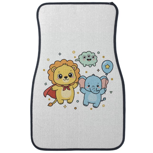 Cute Superhero Lion and Elephant Friends Cartoon Car Floor Mat (Front)