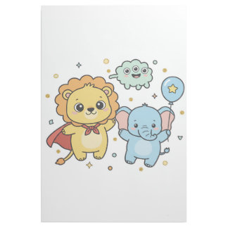 Cute Superhero Lion and Elephant Friends Cartoon Gallery Wrap