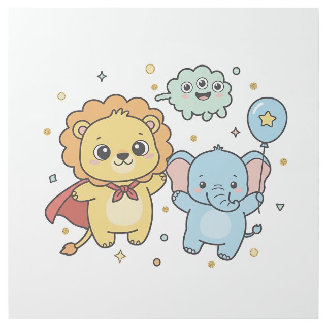 Cute Superhero Lion and Elephant Friends Cartoon Gallery Wrap (Front)