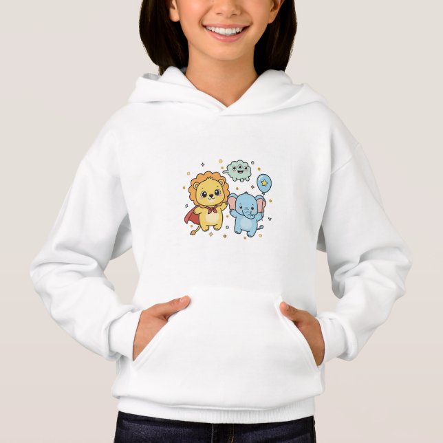 Cute Superhero Lion and Elephant Friends Cartoon Hoodie (Front)