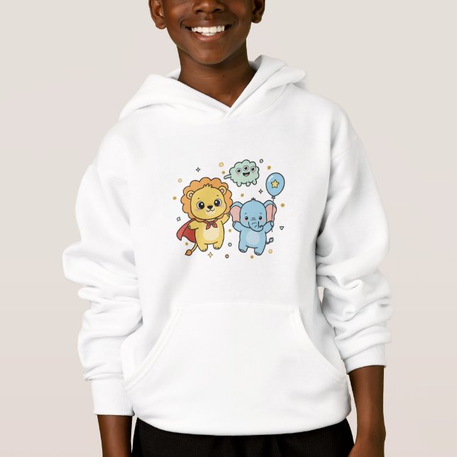 Cute Superhero Lion and Elephant Friends Cartoon Hoodie (Front)