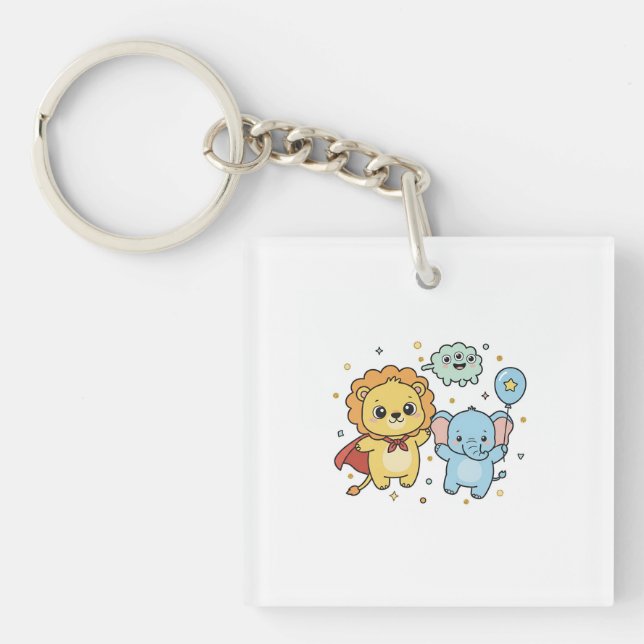 Cute Superhero Lion and Elephant Friends Cartoon Keychain (Front)