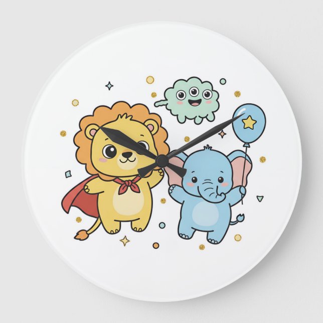 Cute Superhero Lion and Elephant Friends Cartoon Large Clock (Front)