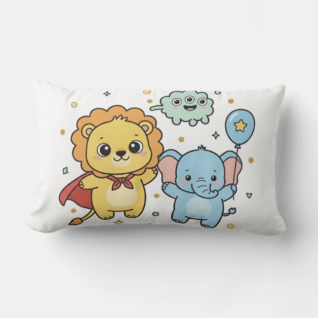 Cute Superhero Lion and Elephant Friends Cartoon Lumbar Pillow (Front)