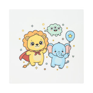 Cute Superhero Lion and Elephant Friends Cartoon Metal Print
