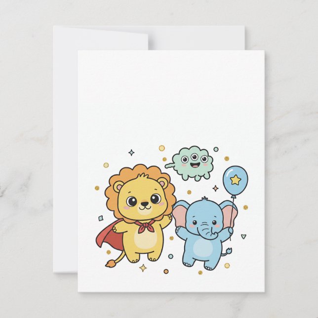 Cute Superhero Lion and Elephant Friends Cartoon Note Card (Front)